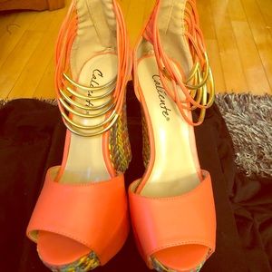 Coral Bright Basket Weave Wedge Heel Sandal